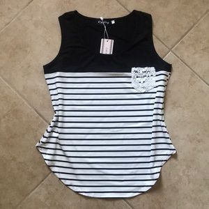 Striped tank top with lace pocket detail